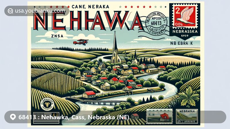 Modern illustration of Nehawka, Nebraska, showcasing postal theme with ZIP code 68413, featuring Weeping Water Creek, Nebraska state flag, and local attractions like Slattery Vintage Estates.
