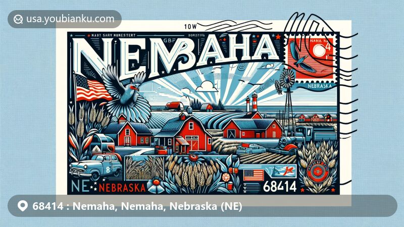 Modern illustration of Nemaha, Nebraska, with postal theme showcasing ZIP code 68414, reflecting rural and community-oriented nature, featuring state symbols and typical household dynamics.