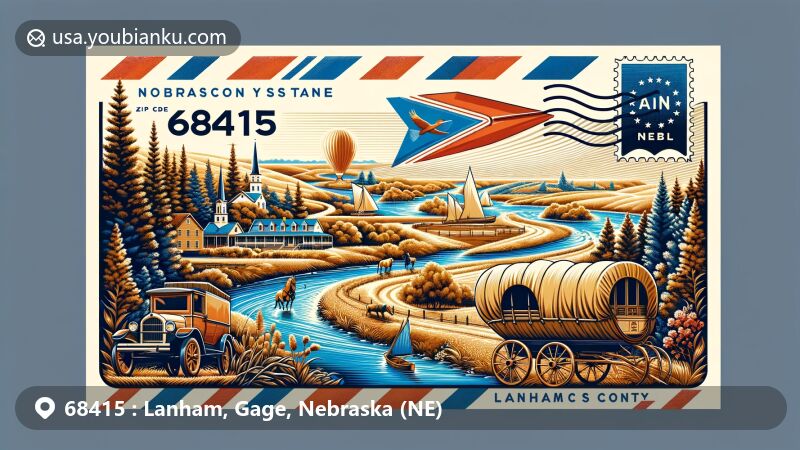 Modern illustration of Lanham, Gage County, Nebraska, featuring air mail envelope with Oregon Trail and Big Blue River, including Homestead National Monument and ZIP code 68415.