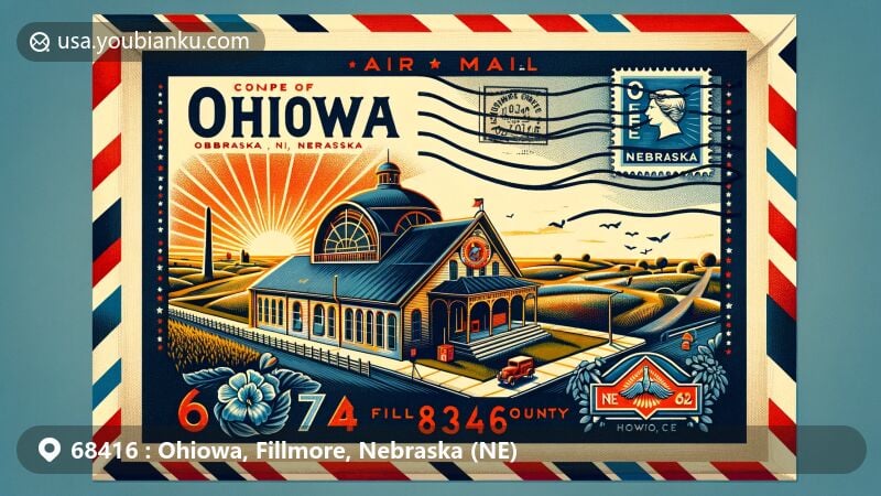 Modern illustration of Ohiowa, Nebraska, with postal theme and ZIP code 68416, featuring vintage-style air mail envelope with Ohiowa, NE, stamp inspired by Nebraska's state flag and Fillmore County, showcasing Ohiowa Auditorium and historical marker against rural Nebraska landscapes.