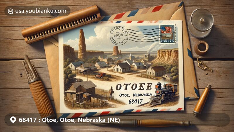 Modern illustration of Otoe, Nebraska, featuring postal theme with vintage air mail envelope, showcasing village charm, rural landscape, and Missouri Pacific Railroad, symbolizing early German Lutheran heritage. Background includes Chimney Rock and Toadstool Geologic Park. Envelope adorned with Nebraska state flag stamp and postmark 