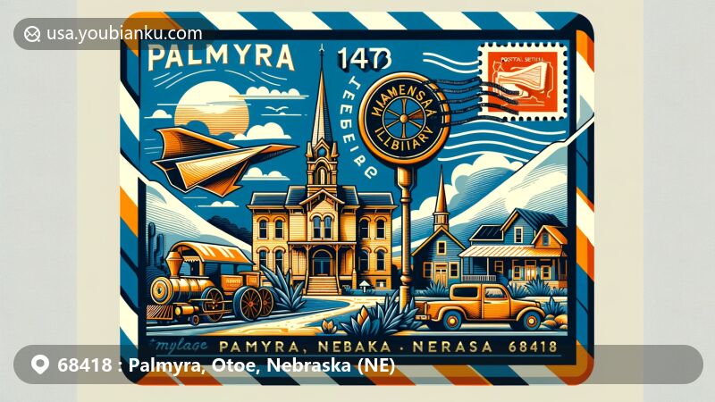 Modern illustration of Palmyra, Nebraska, showcasing postal theme with ZIP code 68418, featuring Taggart Park, Palmyra Memorial Library, and Little Nemaha Creek.