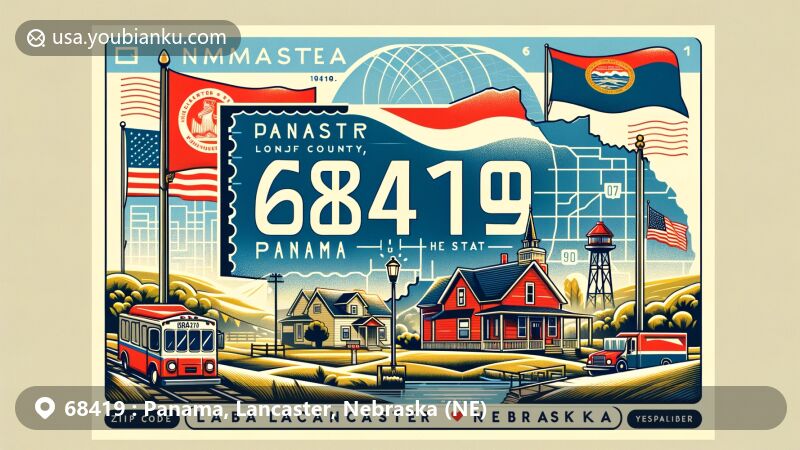 Modern illustration of Panama, Lancaster, Nebraska, depicting a charming village scene with Nebraska state flag and postal elements, including ZIP code 68419.