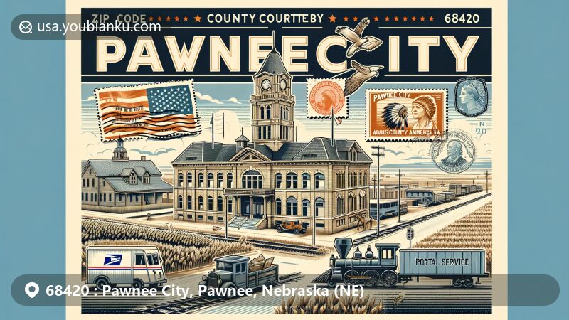 Modern illustration of Pawnee City, Nebraska, showcasing historic downtown with 1911 county courthouse, Pawnee Native American symbols, railroad heritage, Nebraska landscapes, and postal elements including stamps, postmark, mailbox, and postal truck in vintage postcard design.