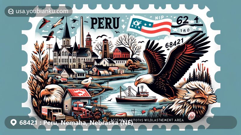 Modern illustration of Peru, Nemaha County, Nebraska, showcasing Peru State College, Missouri River, Steamboat Trace Trail, wildlife at Peru Bottoms Wildlife Management Area, and festive elements of Old Man River Days, along with postal theme featuring ZIP code 68421, symbolizing communication and connection.