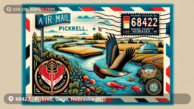 Creative illustration of Pickrell, NE air mail envelope with ZIP code 68422, featuring stylized fonts and symbols representing Gage County and Nebraska, including the Big Blue River, state flag, western meadowlark, cottonwood tree, and Channel Catfish.