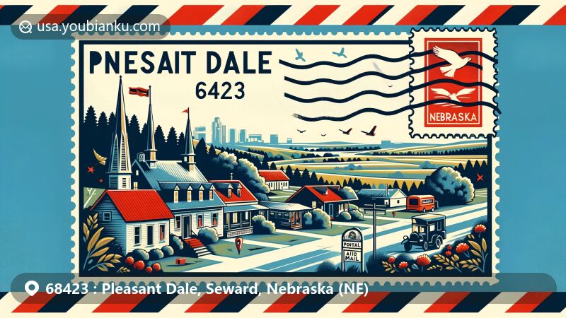 Modern illustration of Pleasant Dale, Nebraska, showcasing rural charm with a postal theme, featuring state symbols and a picturesque view of the village in the Middle Creek valley.