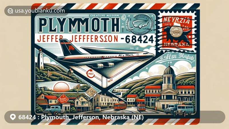 Modern illustration of Plymouth, Jefferson, Nebraska, featuring airmail envelope design with landmarks like Nebraska State Capitol and Scotts Bluff National Monument.