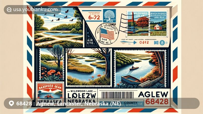 Modern illustration of Agnew, Lancaster, Nebraska, showcasing postal theme with ZIP code 68428, featuring Wildwood Lake Wildlife Management Area and Branched Oak State Recreation Area.