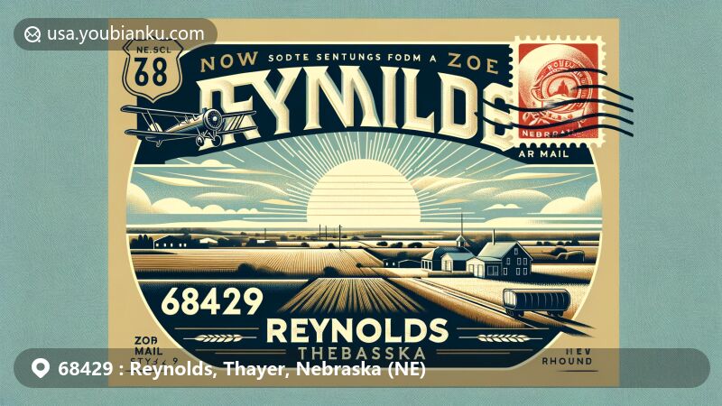 Modern illustration of Reynolds, Thayer County, Nebraska, featuring vintage air mail envelope with Nebraska state flag postage stamp, showcasing ZIP code 68429 and rural landscapes along Nebraska Highway 8.