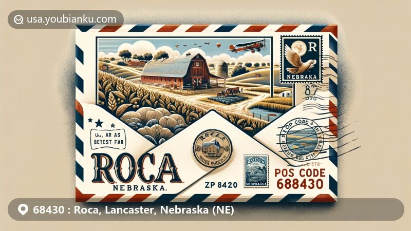 Illustration of Roca, Nebraska, showcasing agricultural heritage and historical stone quarrying, featuring Roca Berry Farm and postal theme with ZIP code 68430.