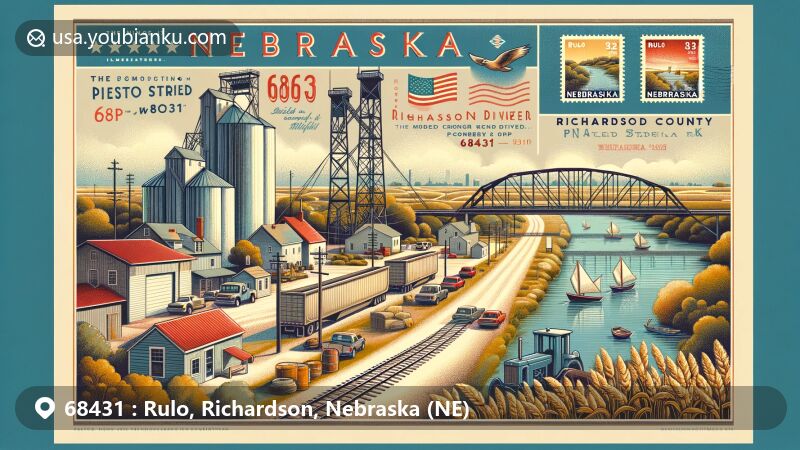 Modern illustration of Rulo, Richardson County, Nebraska, showcasing new bridge over the Missouri River symbolizing progress, rural and agricultural landscape with grain elevators and open fields, integrated postal elements with vintage postcard layout and ZIP code 68431.