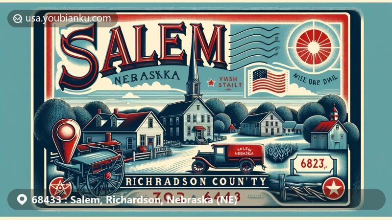 Modern illustration of Salem, Richardson County, Nebraska, inspired by ZIP code 68433, highlighting village's peaceful essence derived from 'shalom,' integrating Richardson County outline and Nebraska state symbols.