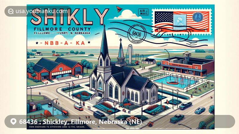 Modern illustration of Shickley, Fillmore County, Nebraska, featuring Salem Mennonite Church as a symbol of community spirit, surrounded by elements representing education and community development. Includes a modern community center, swimming pool, and school symbol, with Nebraska state flag in the background, resembling a creative postcard design.