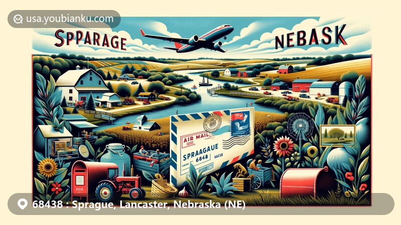 Modern illustration of Sprague, Nebraska, combining rural charm with postal elements, showcasing local landscape, airmail envelope with Nebraska state flag stamp, and ZIP code 68438.
