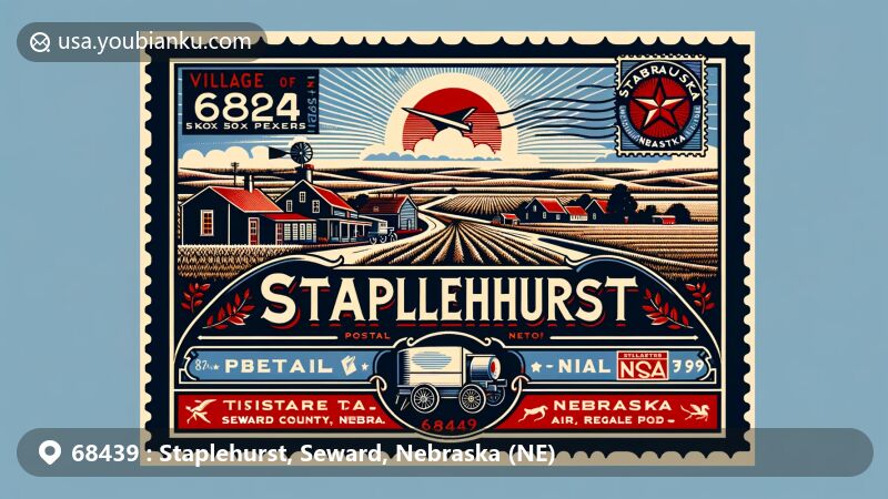 Modern illustration of Staplehurst, Seward County, Nebraska, in air mail envelope format, showcasing ZIP code 68439, rural landscape, postal stamp, postmark, and vintage mail carrier elements.
