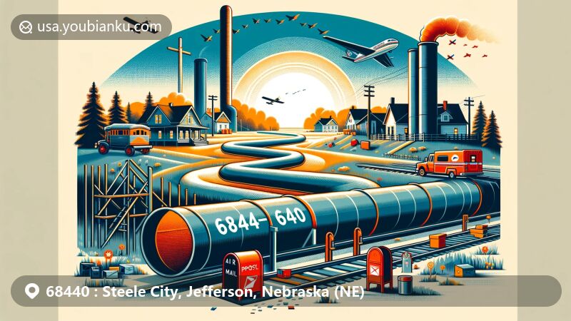 Modern illustration of Steele City, Jefferson County, Nebraska, focusing on historical roots and rural charm, with a nod to the Keystone Pipeline and postal elements like airmail envelope, vintage postage stamp, and red mailbox.