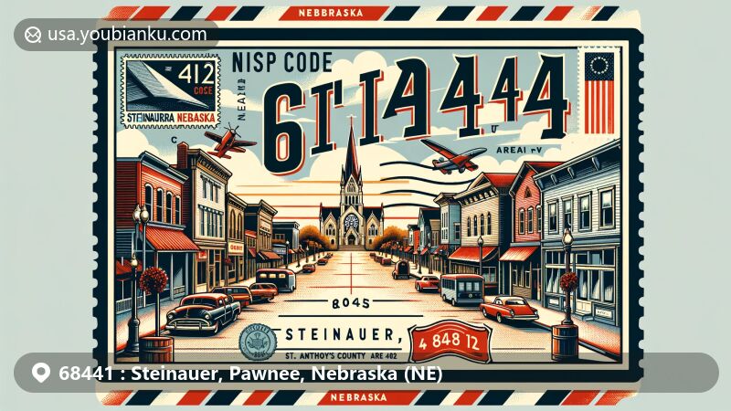 Modern illustration of Steinauer, Nebraska, showcasing postal theme with ZIP code 68441, featuring main street view with St. Anthony's Catholic Church and Nebraska state flag, highlighting Pawnee County's geography.