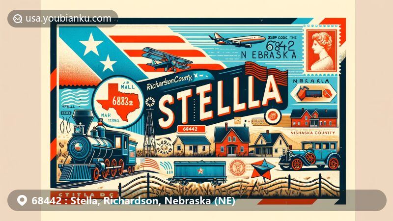 Modern illustration of Stella, Richardson County, Nebraska, with postal theme and ZIP code 68442, featuring Nebraska state flag, Richardson County outline, and elements representing historic village of Stella.