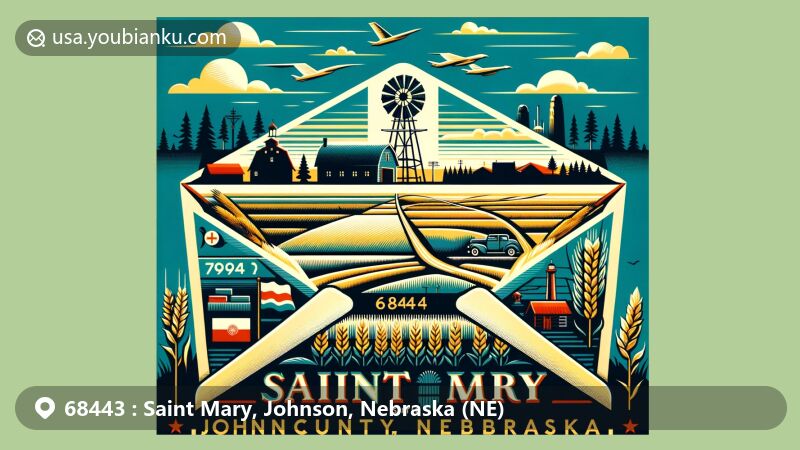 Modern illustration of Saint Mary, Johnson County, Nebraska, with ZIP code 68443, showcasing Nebraska's natural beauty and agricultural landscape, featuring the Nebraska National Forest in the background.