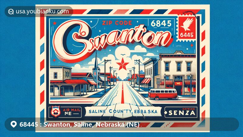 Modern illustration of Swanton, Saline County, Nebraska, showcasing postal theme with ZIP code 68445, featuring main street charm and Nebraska state symbols.