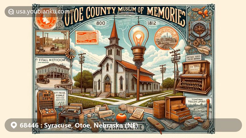 Modern illustration of Syracuse, Otoe County, Nebraska, featuring Otoe County Museum of Memories housed in the historic First Lutheran Church, showcasing vintage furnishings, Thomas Edison room with early inventions, cottonwood log construction, 1912 Syracuse telephone switchboard, state flag, local flora and fauna, Nebraska landscapes, and postal elements like air mail envelope background, museum stamp, and Syracuse, NE 68446 postmark.