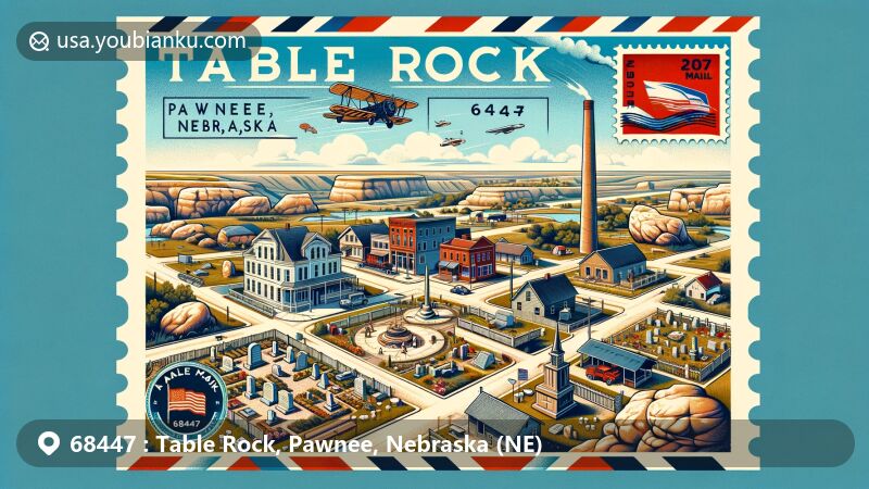 Modern illustration of Table Rock, Pawnee County, Nebraska, featuring historical buildings, village square, stone formations, and postal elements, with a depiction of the Nebraska state flag and postal stamp mark.