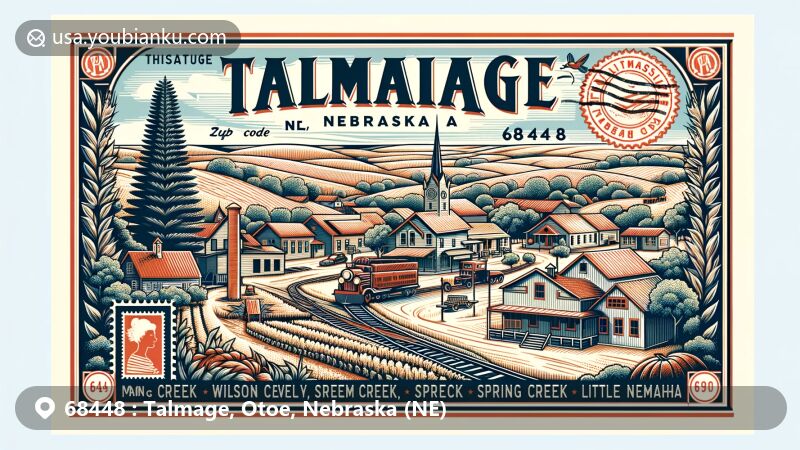 Modern illustration of Talmage, Nebraska, showcasing postal theme with ZIP code 68448, featuring agricultural heritage and historical Missouri Pacific Railroad.