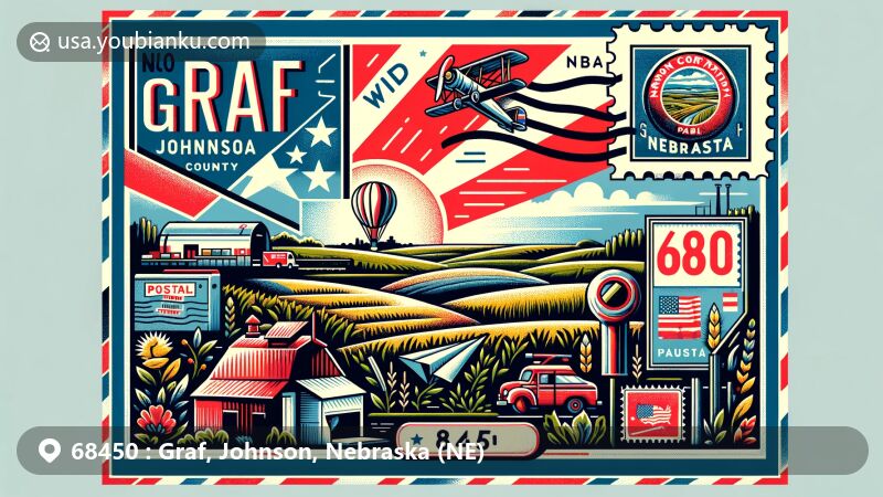Modern illustration of Graf, Johnson County, Nebraska, with vintage air mail envelope, Nebraska state flag, Johnson County outline, and Johnson County Fairgrounds Park.