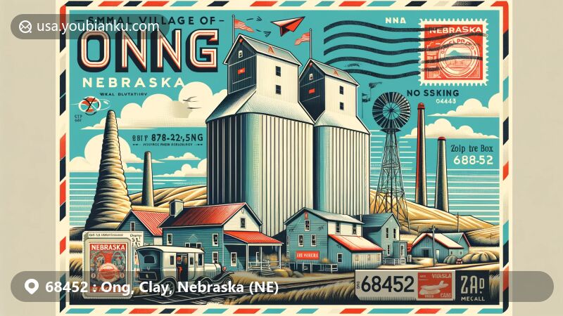 Modern illustration of Ong, Nebraska, showcasing postal theme with ZIP code 68452, featuring iconic grain elevators, Chimney Rock, and Nebraska's agricultural and natural heritage.