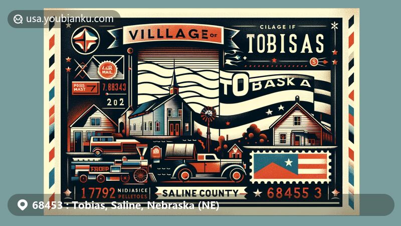 Creative illustration showcasing Tobias, Saline County, Nebraska, with ZIP Code 68453, incorporating vintage postcard design, Nebraska state flag, Saline County silhouette, and iconic Tobias imagery.