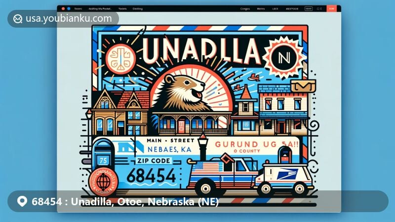 Modern illustration of Unadilla, Nebraska, showcasing postal theme with ZIP code 68454, featuring elements like airmail envelope, postage stamp, postmark, mailbox, and mail van. Includes Unadilla Main Street Historic District, Groundhog Day symbols, Nebraska state flag, and Otoe County outline.