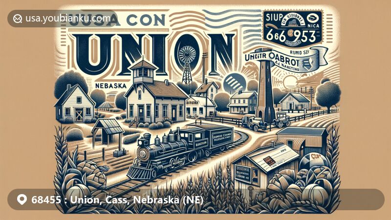 Modern illustration of Union, Nebraska, displaying ZIP Code 68455, capturing the village's railroad history, rural landscape, and postal theme with vintage airmail elements.