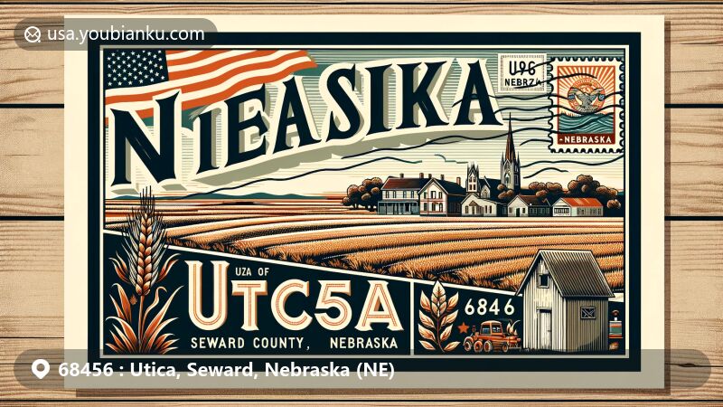 Modern illustration of Utica, Seward County, Nebraska, featuring ZIP code 68456, showcasing expansive fields and Nebraska state flag elements. The foreground displays a postcard with 'Utica' and '68456,' depicting symbolic scenes of the town, including a typical Midwestern street, buildings, and postal elements like a postmark and stamp with Nebraska symbol.