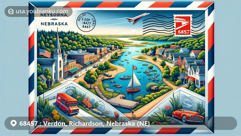 Modern illustration of Verdon, Richardson County, Nebraska, capturing the essence of Main Street, Verdon State Recreation Area with its 45-acre lake, camping, and fishing, featuring Nebraska state symbols and postal elements.