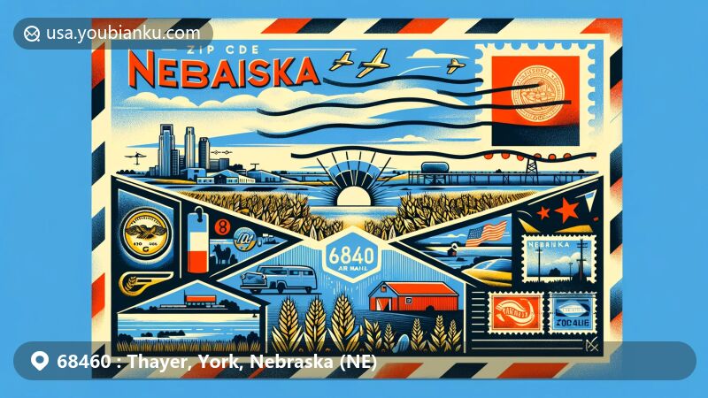 Modern illustration of Thayer and Waco, York County, Nebraska, showcasing postal theme with ZIP code 68460, featuring Nebraska state elements.
