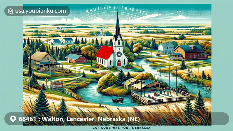 Modern illustration of Walton, Lancaster County, Nebraska, highlighting ZIP code 68461, featuring Trinity Evangelical Lutheran Church and Prairie Creek Inn, set in a serene rural setting with rolling hills, prairie, trails, and a lake, reflecting the area's natural beauty.