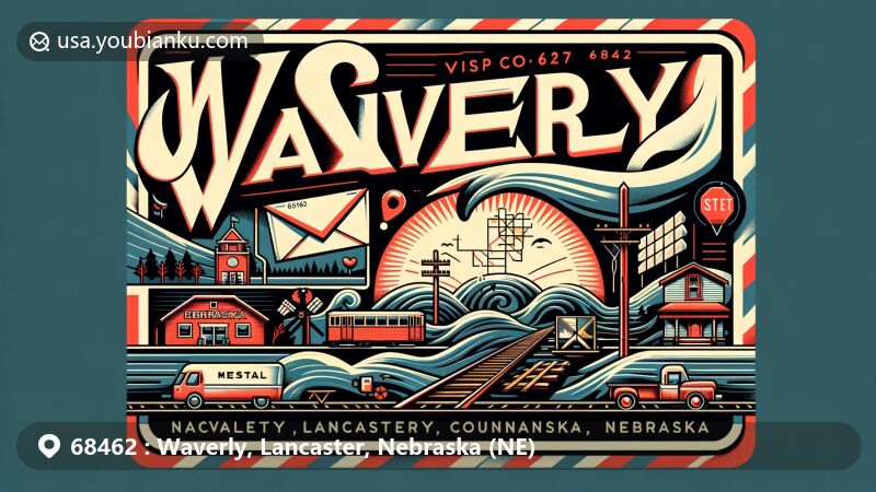 Modern illustration of Waverly, Lancaster County, Nebraska, highlighting postal theme with ZIP code 68462, featuring Nebraska State outline, Waverly's location marker, railroad history, and contemporary town symbols.