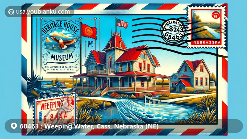 Creative portrayal of Heritage House Museum Complex in Weeping Water, Nebraska, with air mail envelope design, featuring Nebraska state flag, ZIP Code 68463, postmark, and stamp showcasing local scene.