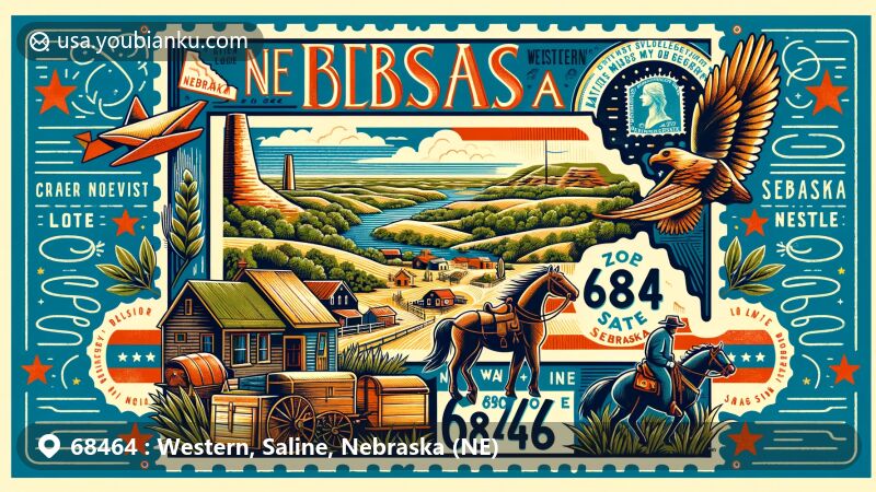 Modern illustration of Western, Saline County, Nebraska, featuring ZIP code 68464, showcasing village scene with historical and population characteristics, including Chimney Rock and postal elements.
