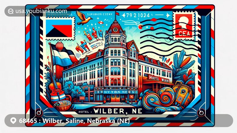Modern illustration of Wilber, Nebraska, featuring airmail envelope with Hotel Wilber stamp, ZIP code 68465, and Czech festival symbols, incorporating Nebraska state flag colors and Saline County outline.