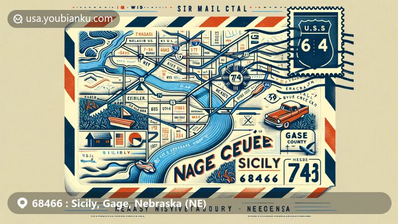 Modern illustration of Sicily, Gage County, Nebraska, showcasing air mail theme with ZIP code 68466, featuring stylized map of Gage County, Sicily Creek, vintage-style stamp, and Nebraska state flag.