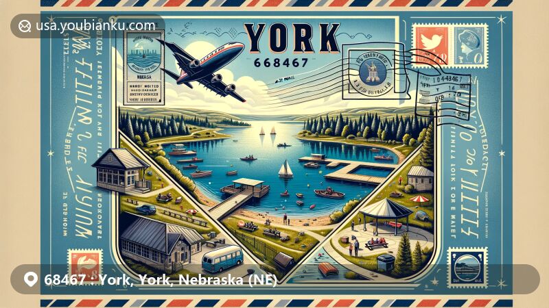 Modern illustration of York City and York County, Nebraska, showcasing Recharge Lake with fishing and boating, picnic areas, hiking trails, and amphitheater, framed by vintage postcard design and postal elements, featuring ZIP code 68467.