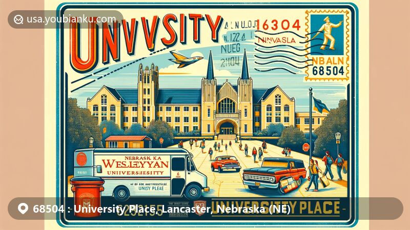Modern illustration of University Place, Lancaster, Nebraska, highlighting postal theme with ZIP code 68504, featuring Nebraska Wesleyan University and vibrant campus atmosphere.