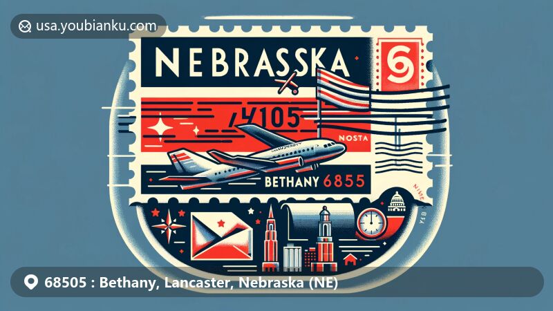 Modern illustration of Bethany neighborhood, Lancaster County, Nebraska, with state flag, Lancaster County outline, Lincoln city landmarks, and postal elements like airmail envelope and stamp showcasing ZIP code 68505.