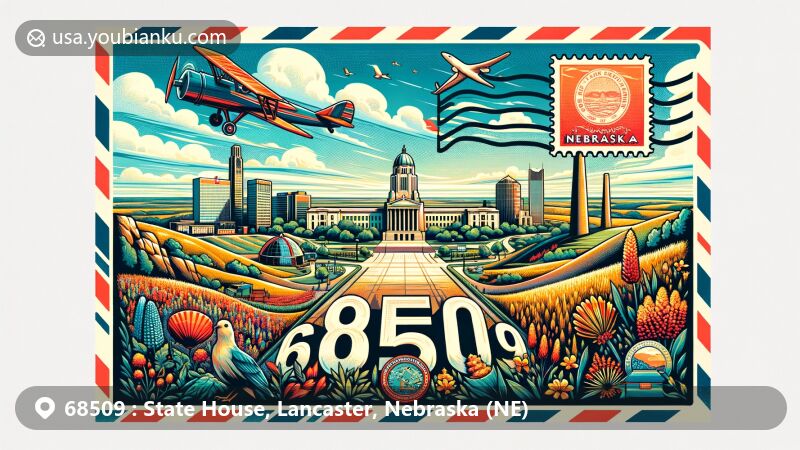 Modern illustration of Lincoln, Lancaster County, Nebraska, showcasing postal theme with ZIP code 68509, featuring Nebraska State Capitol, Great Seal, state flag, Chimney Rock, western meadowlark, and goldenrod.