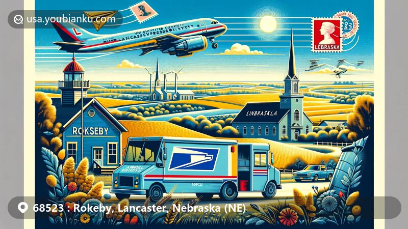 Modern illustration of Rokeby, Lancaster County, Nebraska, blending rural landscape with vibrant postal themes and hints of connection to Lincoln Southwest High School and Wilderness Park, featuring ZIP code 68523 and Nebraska state colors.