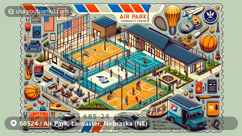 Modern illustration of Air Park area in Lincoln, Nebraska, capturing the essence of community recreation and human services programs in ZIP code 68524, highlighting Air Park Community Center, Williams Branch Library, and Air Park West Ballfield.