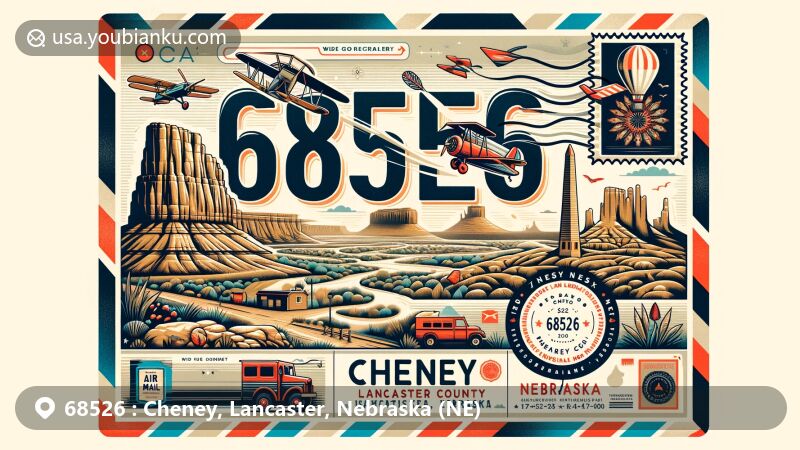 Modern wide format illustration of Cheney, Lancaster County, Nebraska, highlighting ZIP code 68526 with a vintage air mail envelope, depicting Chimney Rock and Toadstool Geologic Park. Includes a stylized map outline of Lancaster County and celebrates postal heritage.