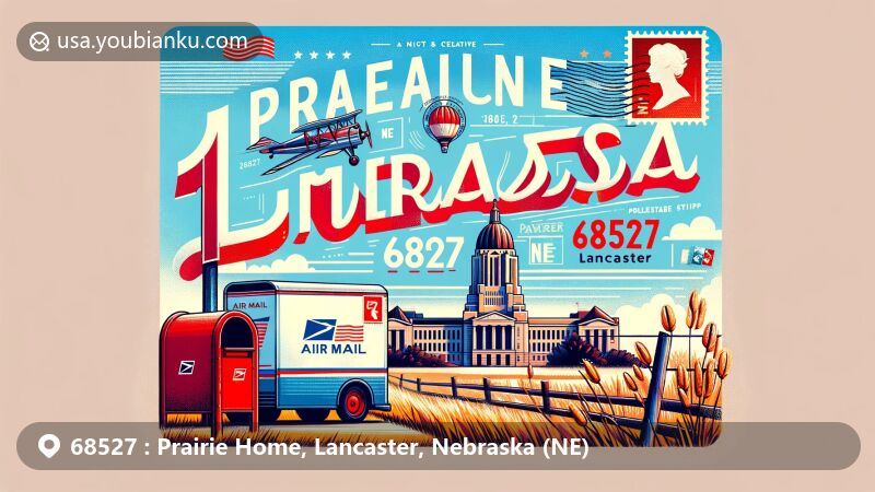 Modern illustration of Prairie Home, Lancaster, Nebraska, featuring Nebraska State Capitol and postal theme with ZIP code 68527, showcasing state's natural beauty and postal elements.